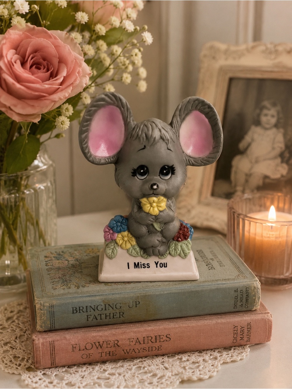 Vintage Russ Berrie Gray Mouse Figurine with Pink Ears and Multicolor Flowers